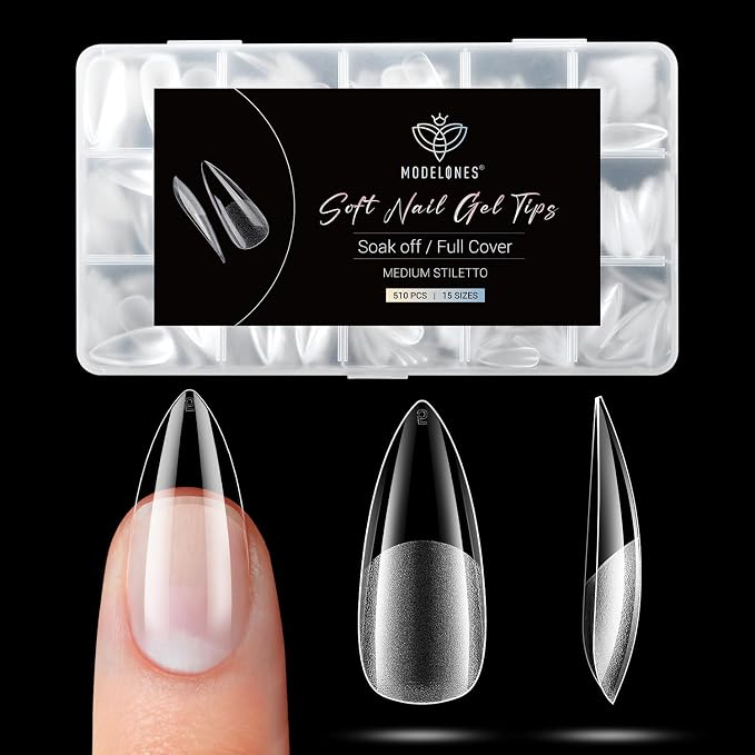 Modelones Medium Stiletto Nail Tips 510pcs Pre-etched Soft Clear Press Ons | Half Matte Full Cover Clear Acrylic Gel Kit False Press on Nails for Extension DIY Salon 15Sizes