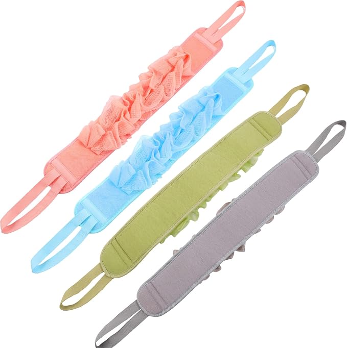 4 Pcs Exfoliating Back Scrubber for Shower Double Sided Exfoliating Washcloth with Strap Long Body Scrub Sponge Shower Loofah with Handle for Women Men Body Washing (Pastel Color)