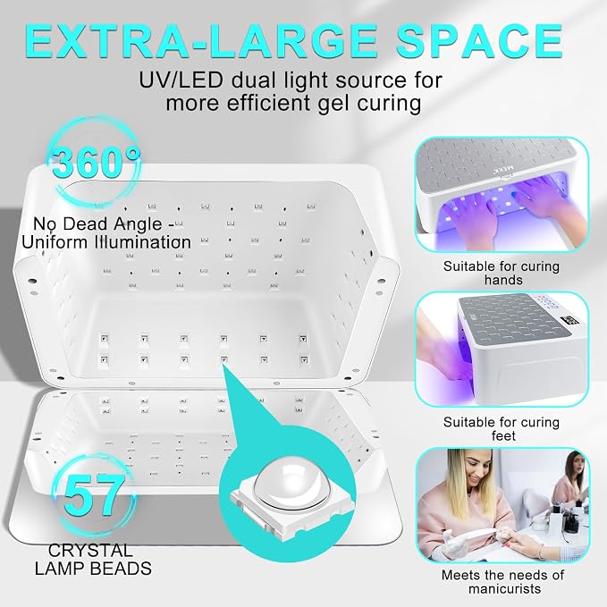 MEKK Luxury UV LED Nail Lamp with Red Light,Professional UV Nail Light | Skincare Mode, Low Heat, Cordless, Flash Cure, LCD Display, 48W 57 LED Beads, Two-Hand Design For Salon & Home Use-White