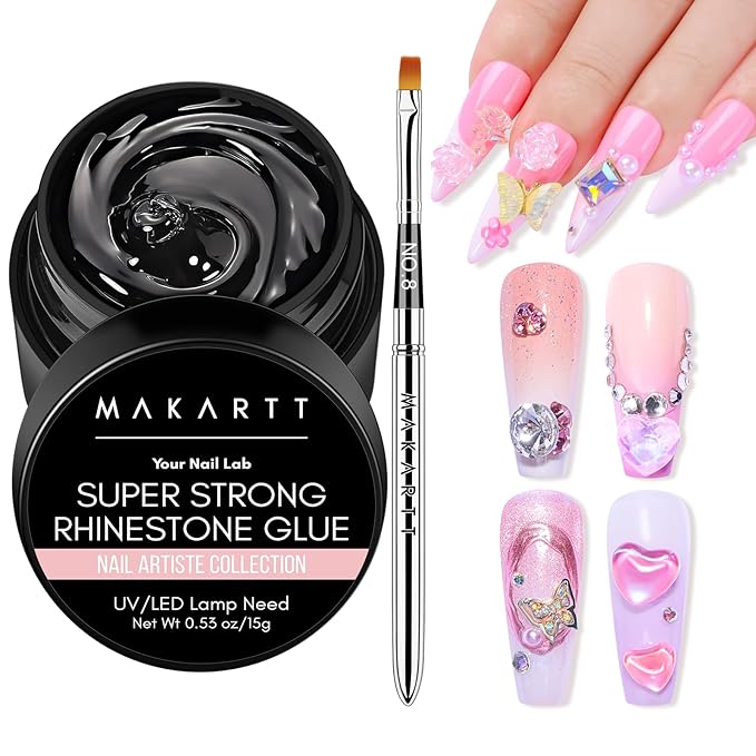 Makartt Nail Charm Glue: High Viscosity Gem Glue for Large Charms 15ml | 30-Day Hold, Extra Thick support gel for 5mm+ Crystals, Stones, 3D Nail Decor, Flash Cure Before Full UV Cure, DIY Salon Use