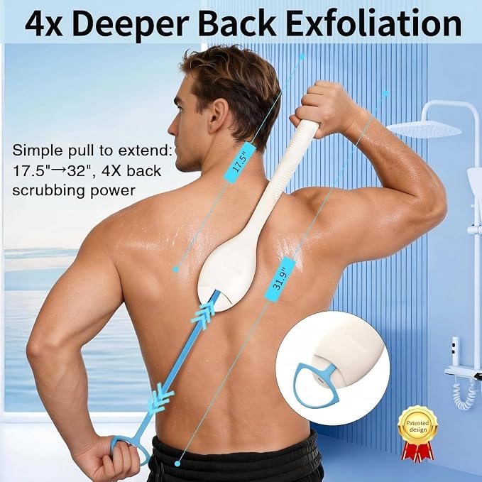 Extendable Silicone Back Scrubber, 17"-32", 4X Firm Scrub,White | Dual handles for 4X power. Zinc-infused BPA-free silicone. 40D firm bristles for deep exfoliation. Ideal oily skin, Quick-dry