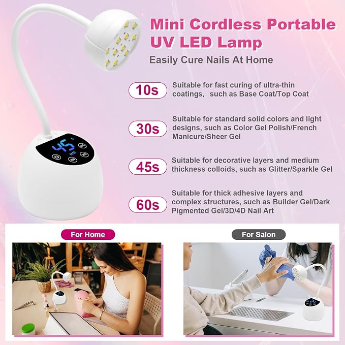 CGBE UV LED Nail Lamp, 36W Mini Cordless Flash Cure Nail Lamp for Gel Nails | USB Rechargeable UV Nail Light with 4 Timers & Auto Sensor, Gooseneck Portable Gel X Lamp for Salon Home DIY Use, White