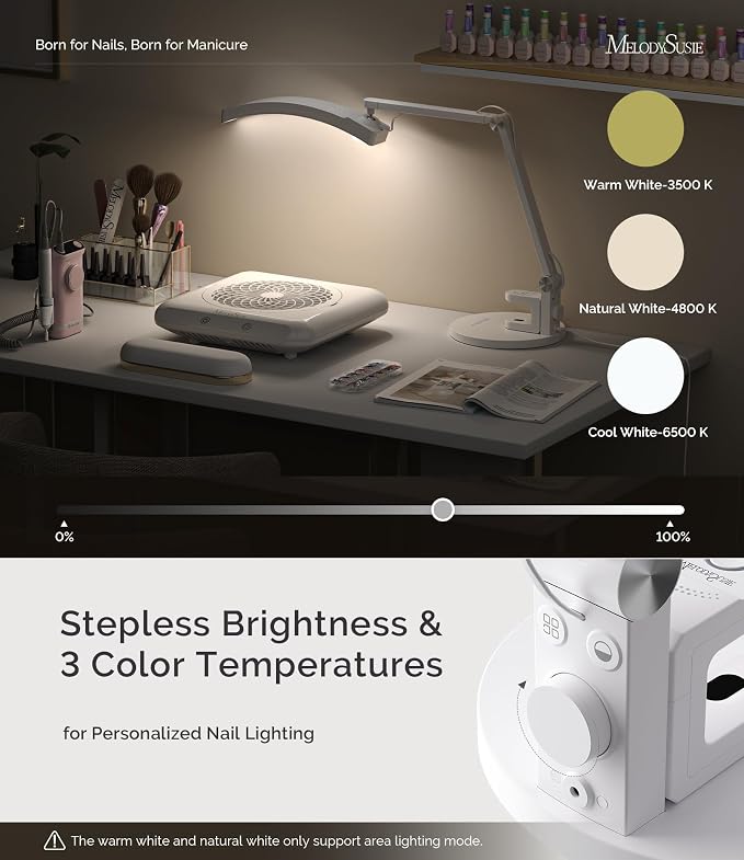 MelodySusie Multi-Functional Manicure Table Lamp S-Pro29G for Nail Techs | Professional Nail Desk Light with Magnetic UV Curing Lamp, Adjustable Arm, Dimmable Brightness & 3 Color Temps for Nail Art