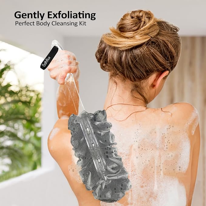 5 PCS Large Shower Loofah Bath Sponge, Body & Back Scrubber for Women Men | Charcoal Poufs, 4PCS 80g Extra Big Exfoliating Loofa Pack, 1PCS Long Handle Back Scrub Luffa, 1PCS Lufa Hook, Black