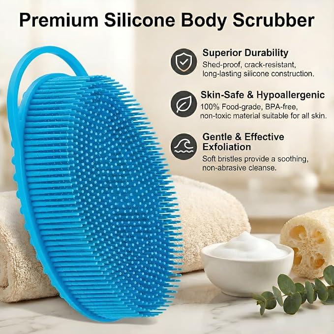 Silicone Body Scrubber, Exfoliating Loofah Alternative for Women Men, Soft Silicone Body Shower, 2 in 1 Bath and Shampoo Brush for Sensitive Skin, Back,Showering,Brush Exfoliator (Blue)