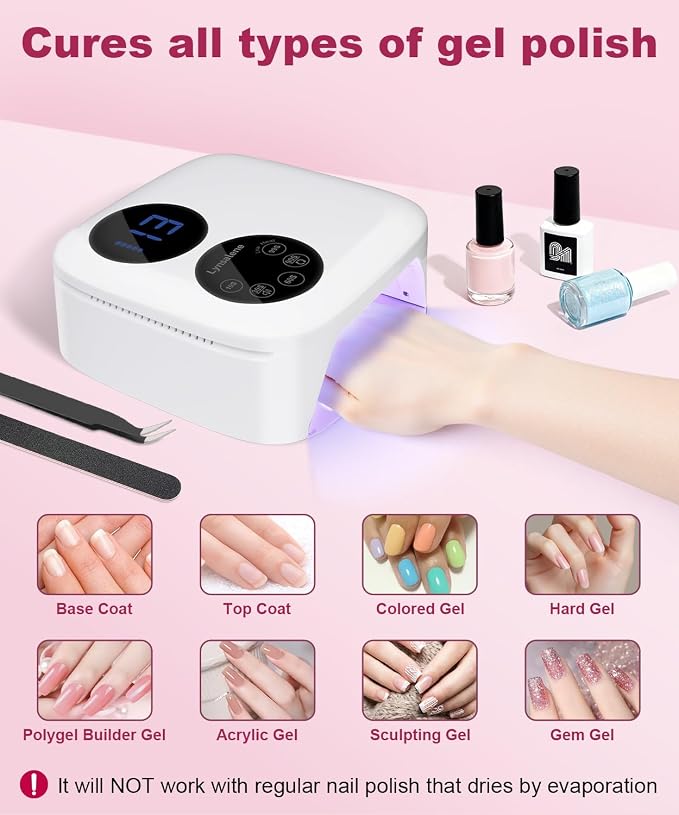 80W Cordless Nail Lamp with Magnetic Detachable Base, Dual-Screen Display | 5 Timers,Gel Nail Light, Professional UV/LED Light for Gel Nails Fast Curing All Gel Polishes (White)
