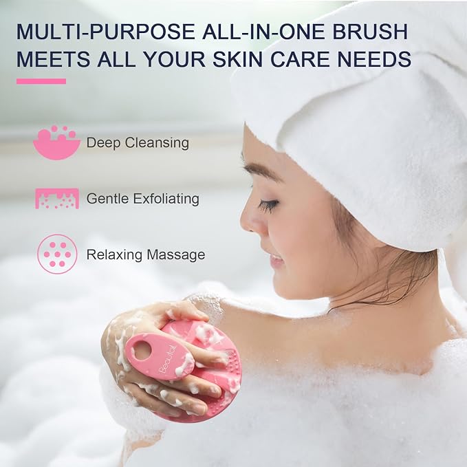 Silicone Body Scrubber, BEAUTAIL Gentle Exfoliating Brush on Sensitive Skin | Soft Shower Scrubber for Body, Hygienic Silicone Loofah, Bathroom Essentials Brush for Women, Men & Kids, 1-Pack, Pink