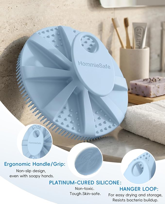 Soft Silicone Shower Brush Body Wash Bath Exfoliating Skin Massage Scrubber | 2 Pack Dry Skin Brushing Glove Loofah, Fit for Sensitive and All Kinds of Skin(Sky Blue+Black)
