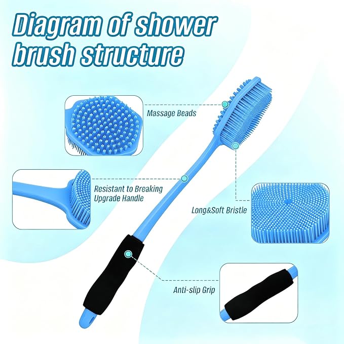 14" Silicone Back Scrubber for Shower, Long Handle Body Brush | Soft Bristles Exfoliate&Massage Skin. Non-Slip Grip, Reach Full Back Easily. Ideal for Men&Women, Bath Use. Blue.