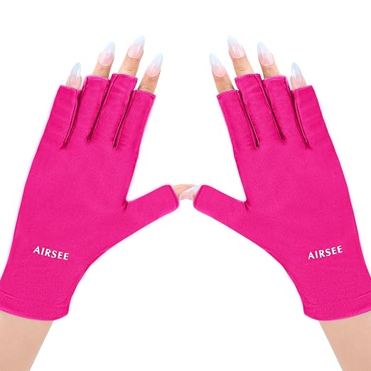 AIRSEE UV Gloves for Nail Lamp,Professional UPF50+ UV Protection Gloves for Manicures Nail Art,Fingerless Gloves That Shield Skin from The Sun and Nail Lamp(Rose Red)