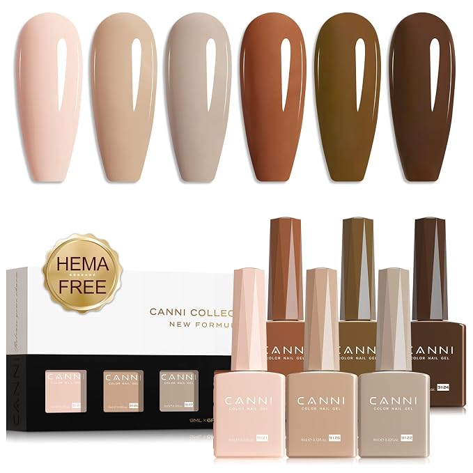 CANNI 9ML Gel Nail Polish Set, 6 Neutral Beige Shades UV LED Soak Off Gel | Smooth Application • Highly Pigmented • Glossy Finish • Long-Lasting Wear • Nail Art • Salon DIY Manicure • Easy Application