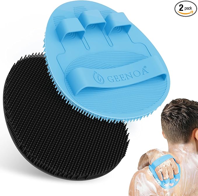 New Silicone Bath Glove with Straps, 360° Anti-Slip & Enlarged Exfoliating Body Scrubber for Rich Foaming Deep Cleaning, No-Grip & Hand-fit Shower Scrubber for All Skin Types(Black+Blue)