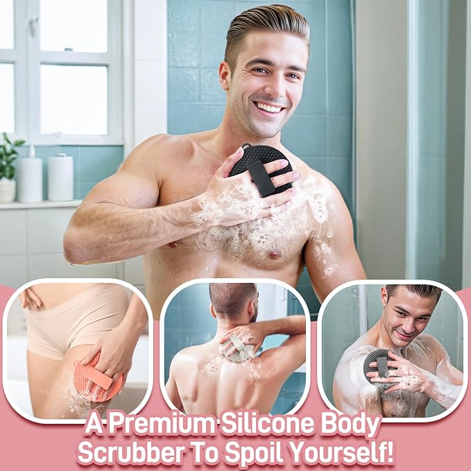 Silicone Face & Body Scrubber Set, Exfoliating Body Scrubber Face Scrubber with Dense Bristles & Non-Slip Handle, Gentle Silicone Loofah Face Brush for Good Lathering and Deep Cleansing(Pink)