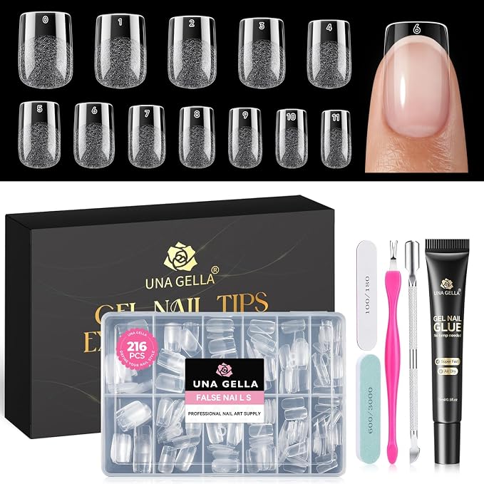 UNA GELLA Gel Nail Kit Short Square Nail Tips 216Pcs, Strong Glue Air Dry | Pre-etched Soft Gel Nail Tips Full Cover Semi Solid Nail Glue for Press on Nails No U V Lamp Needed Manicure Tools DIY Home
