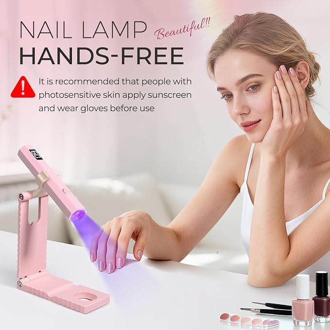 mlogiroa UV Nail Lamp with Stand Foldable Pink Flash Cure Lamp | 360°Adjustable Rotation, Portable, Relax Hands, for Gel Polish Home DIY Salon Women Painting Manicure