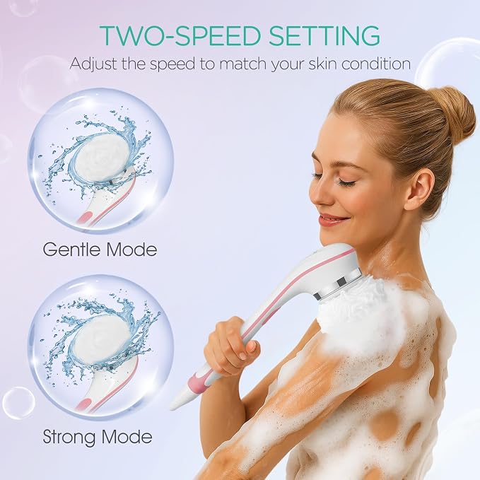 VOYOR Electric Body Brush Back Scrubber for Shower for Women Rechargeable | Exfoliating Bath Brush Powered Shower Brush with Non-Slip Long Handle Deep Cleansing, Exfoliating, Massage Brush, BC100, Pink