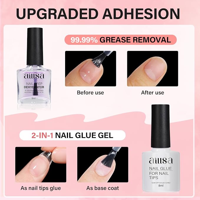 AILLSA Extra Short Coffin Gel Nail Kit 240pcs Full Nail Tips | 2 In 1 Nail Glue Base Coat and Nail Dehydrator, Nail Extension Kit with Nail Lamp Top Coat for Starters