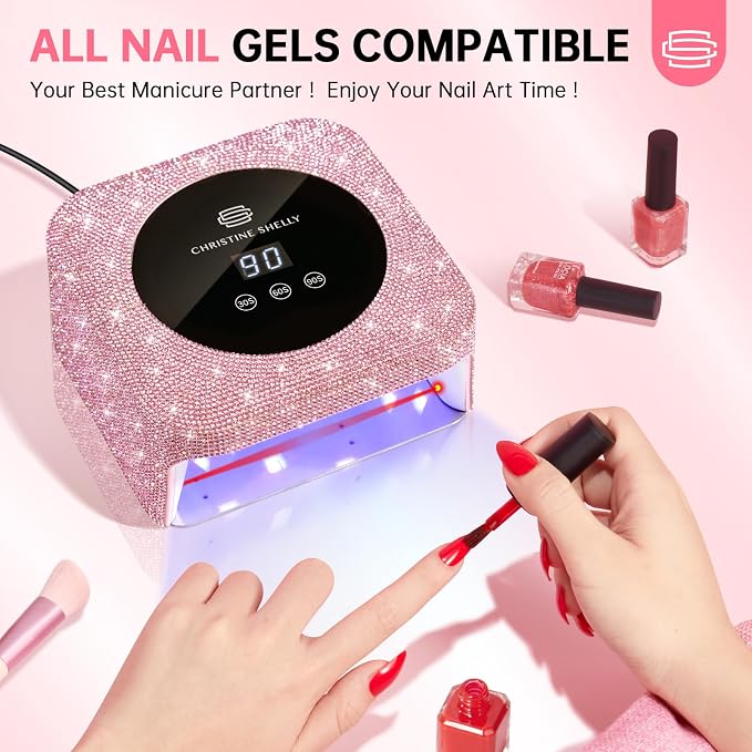 UV Light for Nails, Mini UV Nail Lamp with Auto Sensor Gel Nail Lamp | 48W | Travel Mini Size | 3 Timers | Rhinestone | Plug-in | Fast & even curing | DIY Manicure Nail School | Pink Diamond