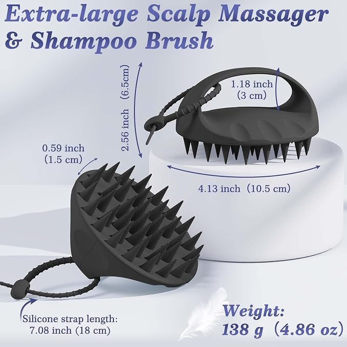 Manmihealth Large Hair Scalp Scrubber, One-piece Silicone Scalp Massager | Long Bristles Shampoo Brush for Dandruff Removal and Hair Growth with Hang Strap, Wet Dry Use (Style 2 Black)