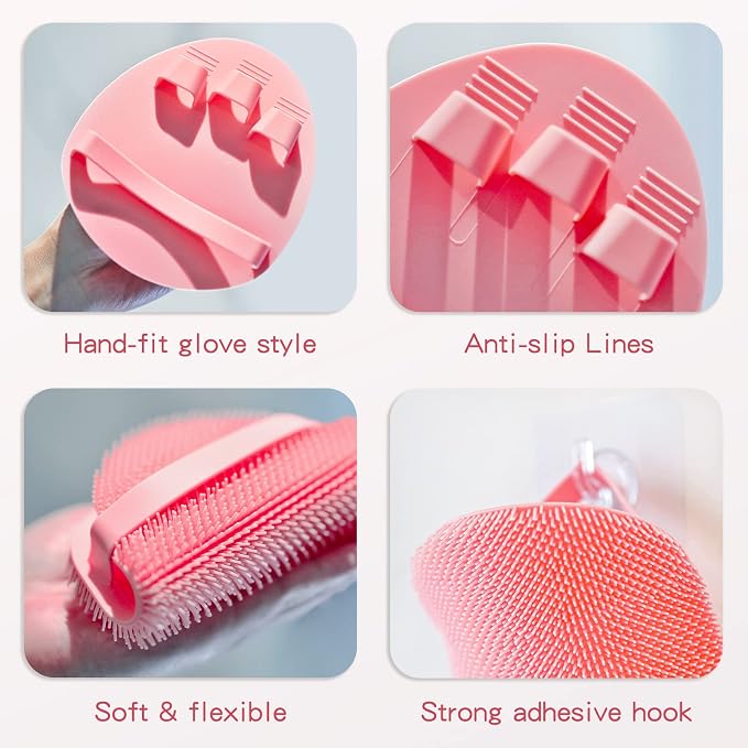 Manmihealth Silicone Back Scrubber Bath Brush Set Thick Bristles Pink | 4PCS Super-Exfoliating Body Scrubber & Super-Lathering Soft Shower Brush Combination, with 2 Adhesive Hooks
