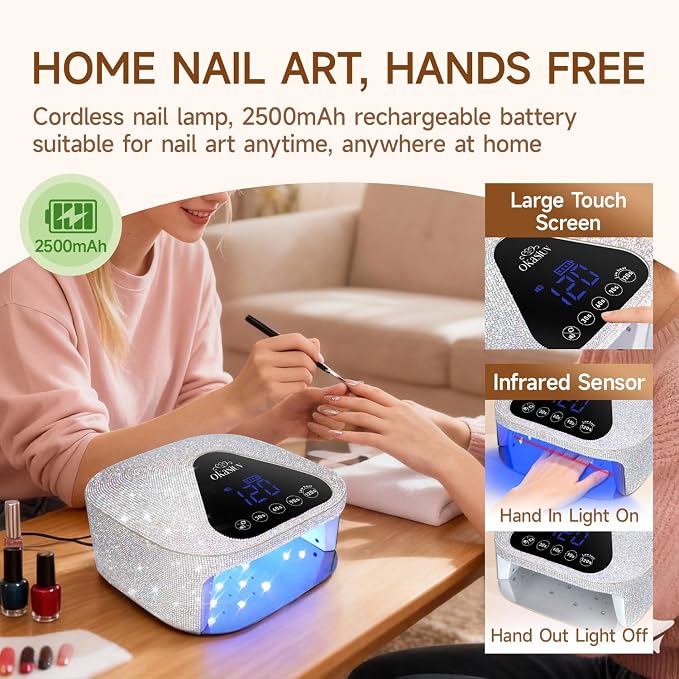 UV LED Nail Lamp with UV Gloves,Magnetic Metal Mirror Base Cordless Nail Dryer, Gel Polish Curing Light with 4 Timers,Touch Control Display,Auto Sensor for Professional Salon & Home