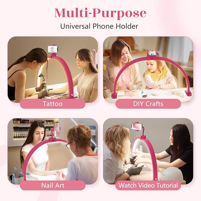 Yokilly Half Moon Light for Nail Desk: 29" Foldable Nail Light for Desk | AB Diamonds Arch Nail Tech Light with Phone Holder for Beginner - 3 Color Modes & 10 Brightness for Manicure Salon-RoseRed