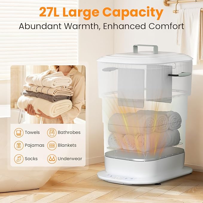 Foldable Towel Warmer 27L,Retractable Portable Towel Warmers Bucket, Time Setting & Auto Shut-Off, 3 Heat Levels with Lighting,Heats Towels/Robes/Blankets, Ideal for Bathroom (Grey)
