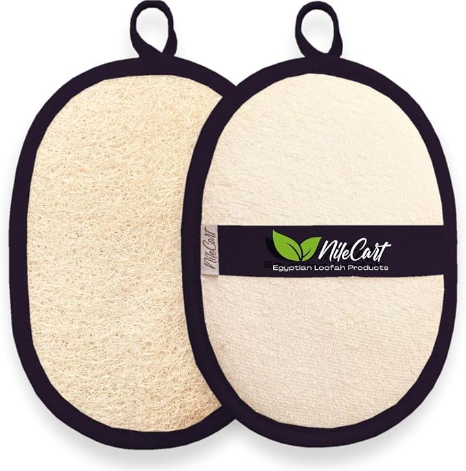 NileCart Natural Loofah for Men, Black, 2 Pack | Egyptian Luffa Sponge Pads - Natural Body Exfoliator Scrubber for Bath & Shower