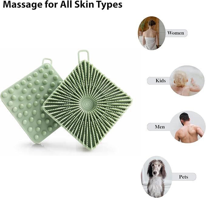 MtBoi 2 PC Silicone Exfoliating Body Scrubber, Body Shampoo Brush, Soft Silicone Loofah for Sensitive Skin, Shower Silicone Hair Scalp Massager, Easy to Clean, Lather Well(Black&Green)