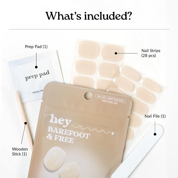 Heyhae Semi Cured Gel Nail Strips Salon Quality - Hey, Barefoot & Free | No UV Light Needed | Salon Quality, Easy Apply & Remove | 28 Strips, 1 Prep Pad, Nail File, Wooden Stick | Beige Jelly