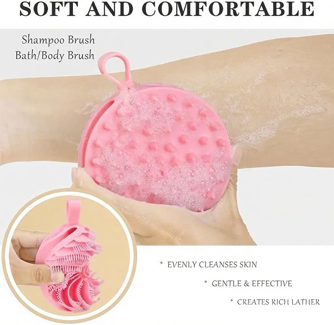 Double-Sided Silicone Body Scrubber Shower Bath Brush（Pink） | Handheld Cleansing Skin Brush for Sensitive Kids Women Men All Kinds of Skin