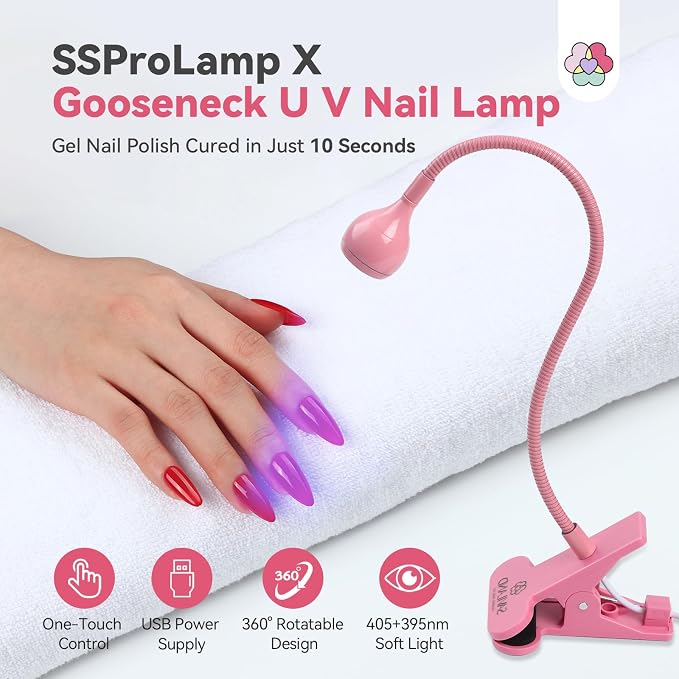 SAVILAND Gooseneck U V Light for Nails Flash Cure Gel Lamp with Desk Clip | 10s fast curing, LED UV dual light, Salon grade, Manicure use, Gel nail polish & nail tips curing tool, Pink