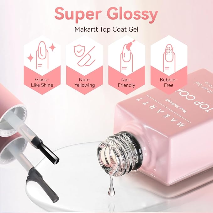 Makartt Gel Top Coat 2PCS: No Wipe, Long-Lasting Glossy Finish | Clear Nail Polish, Non-Yellowing, Pink Bottle, Soak Off with UV/LED Lamp, DIY Manicure Gift for Women
