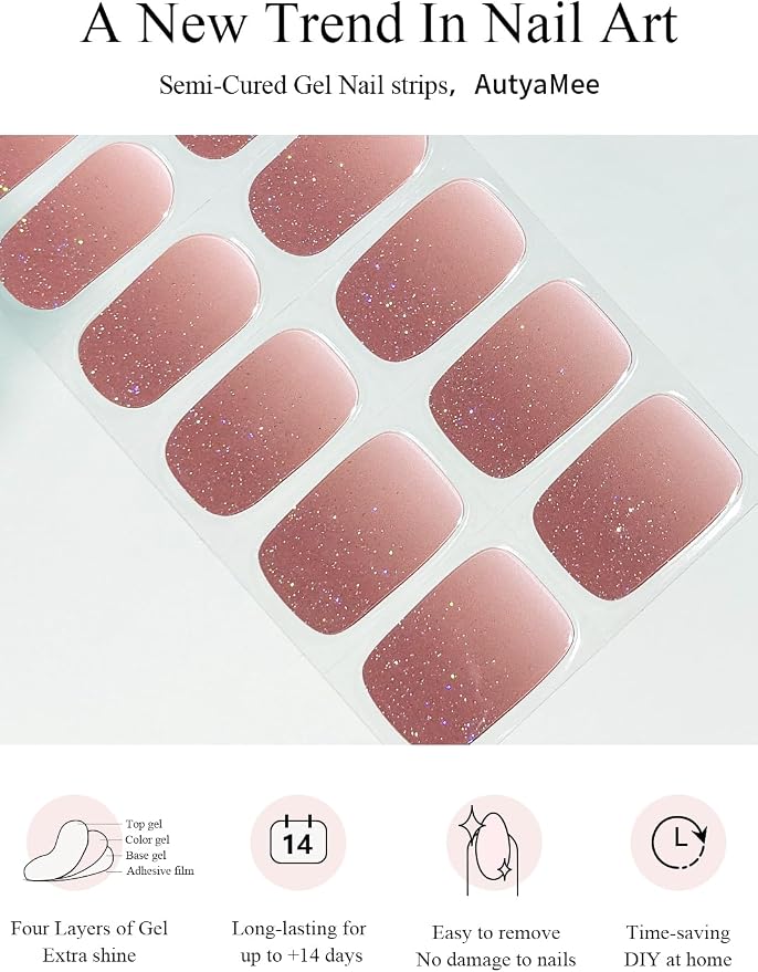 Semi Cured Gel Nail Strips (Gradient Brown), Glitter, 20 Pcs Gel Nail Wraps, Stickers, Salon Quality, Sun-Cured or UV-Cured