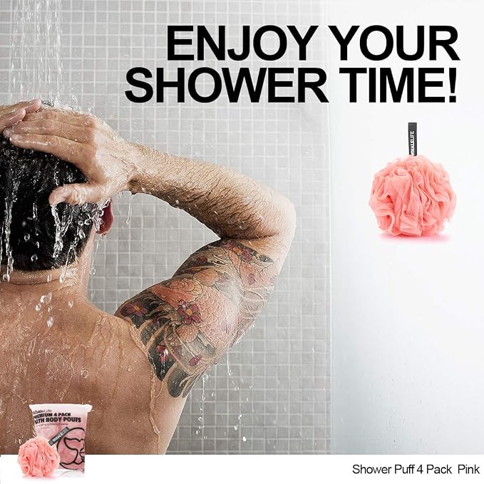 Bath Loofah Sponge for Shower Body Scrubber for Women Men 4-Pack Pink | 10X Suds Save Body Wash Double Knotted Anti Tear Core Fast Dry Cotton Loop Stay Fresh Large Mesh for Sensitive Skin