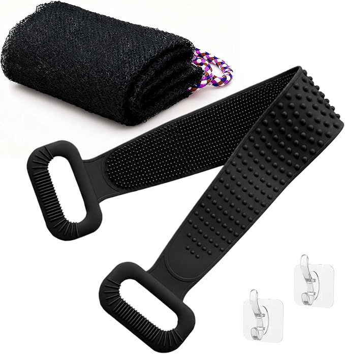 Manmihealth Silicone Back Scrubber for Shower & African Net Sponge Set | 36'' Dual-Sided Back Washer & African Long Bath Sponge, Extendable Long Silicone Body Brush (Black+Black)