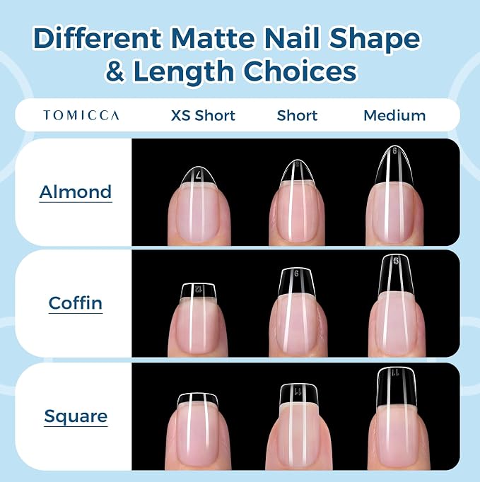 TOMICCA Short Square Nail Tips, 240pcs 15 Sizes, Soft Gel Tips | Half Matte Pre-Shaped Full Cover Clear Fake Nails, Acrylic Press on Nails for Extension, Beginners and Professional Salon