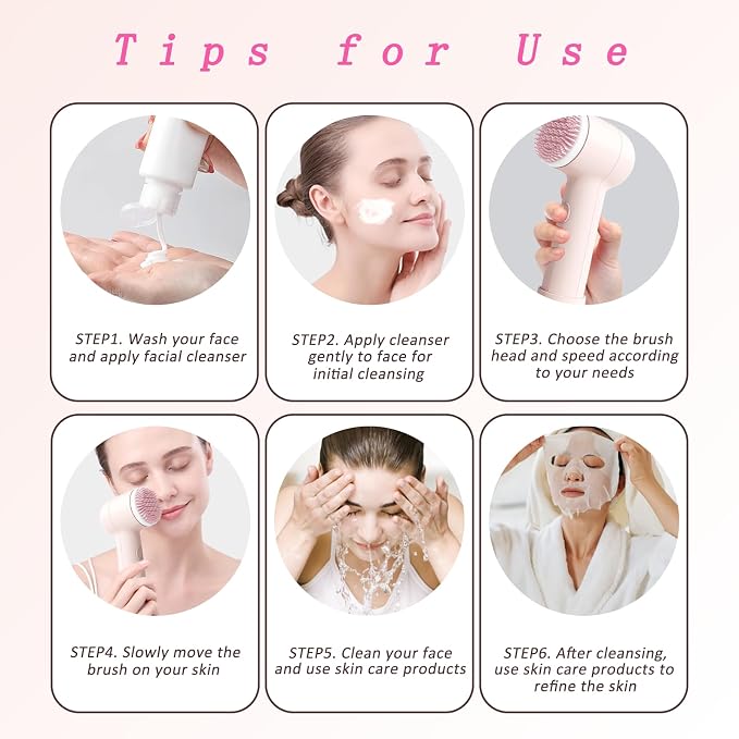 Electrical Facial Cleansing Brush, Multi-Function Face Wash Brush with Base and 2 Brush Heads, Portable Face Scrubber for Deep Skin Cleaning and Gentle Exfoliating (Pink)