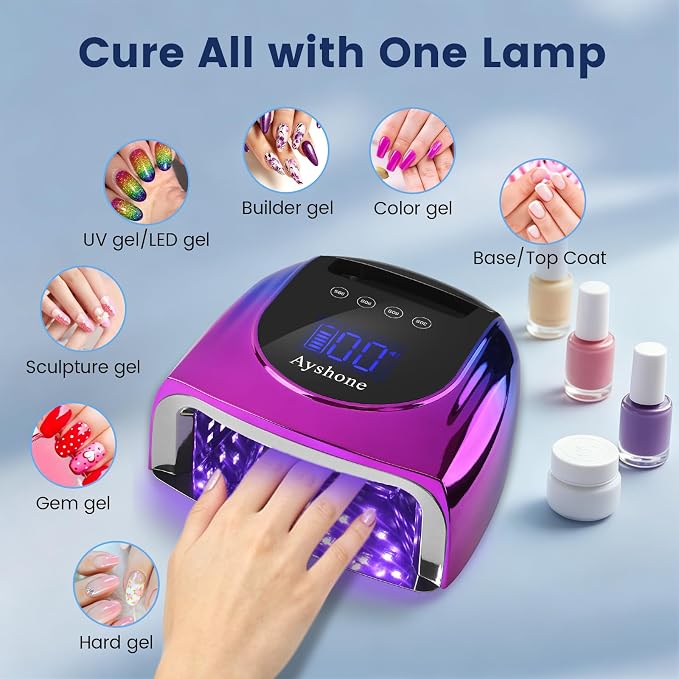 Professional Rechargeable 96W UV LED Nail Lamp, Cordless UV Light for Nails with Removable Stainless Steel Bottom, 4 Timer Settings and Smart Sensor for Salon or Home, Blue and Purple