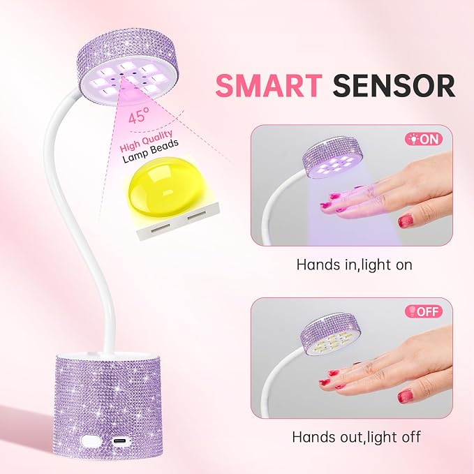 Flash Cure Nail Lamp, UV Nail Lamp for Gel Nails, Cordless Auto Sensor | 27W | Type-C | 1500mAh | Rhinestone | Mini Size | Easy to Carry | DIY Manicure | Purple Diamond