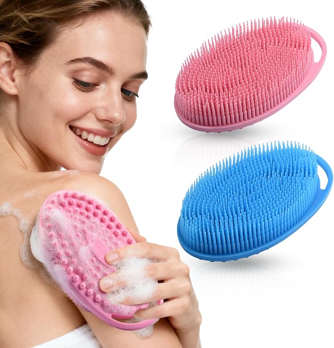2 Pack Silicone Body Scrubber, Exfoliating Shower Scrubber for All Skin | 2 in 1 dual-sided design, soft bristles and massage bumps side, fast-drying, non-slip handle, for women and men, Blue+Pink