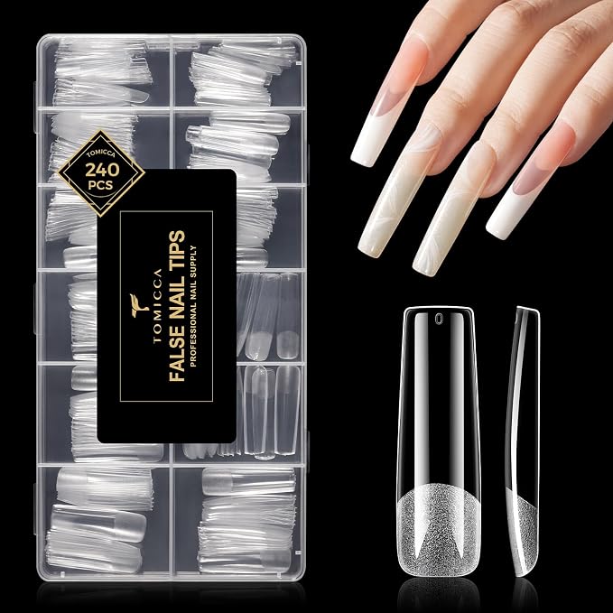 TOMICCA Extra Long Square Nail Tips, 240Pcs Pre-Shaped Half Matte Clear Full Cover False Nails 12 Sizes Gel Nail Tips for Extension Nail Home DIY