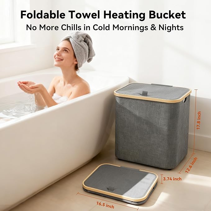 35L Large Towel Warmer/46L Laundry Basket, 2-in-1 Innovative Design, Foldable Towel Warmer for Bathroom, Large Heated Blankets Warmers, Auto Shut Off, Fits Up to 3 Oversized 40"X70" Towels, Ideal Gift