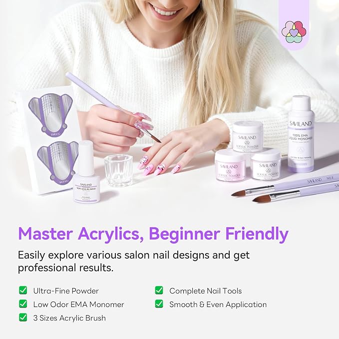 SAVILAND All-In-1 Acrylic Nail Kit with Drill & Nail Lamp Women Gift Set | All-in-1 beginners set, practice fingers, cuticle oil, cuticle remover,durable wearing, prevents chipping, home salon use