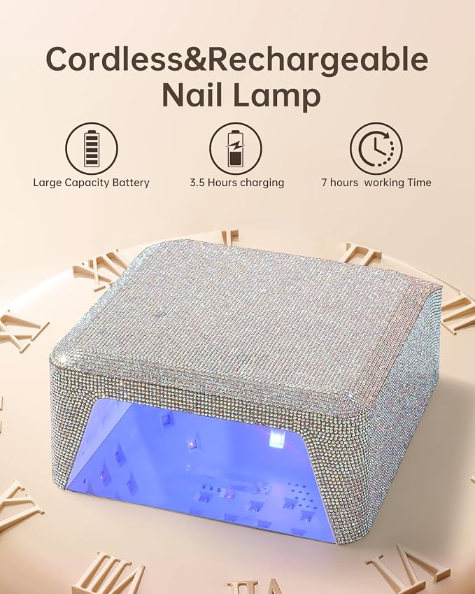 UV Light for Gel Nails, Cordless UV Nail Lamp, Professional Salon & Home | 39 Beads | 96W | 6000mAh Rechargeable | Smart Sensor | Detachable Base | 4 Timers | Rhinestone White Sparkly