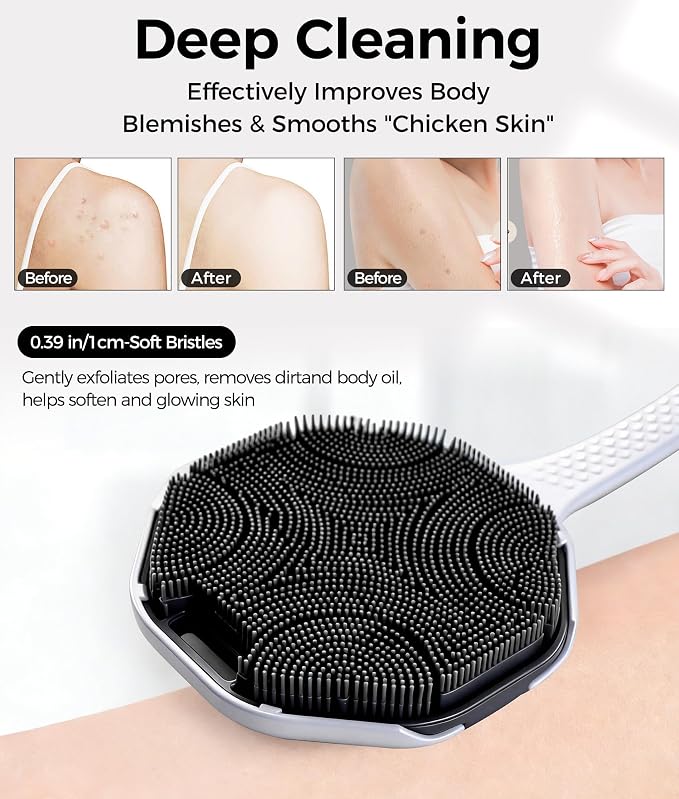 2 Pack Back Scrubber for Shower, Long Handle Silicone Body Brush, Exfoliating Shower Scrubber Brush with Non-Slip Grip, Back Scrubber for Men & Women, Grey+Black