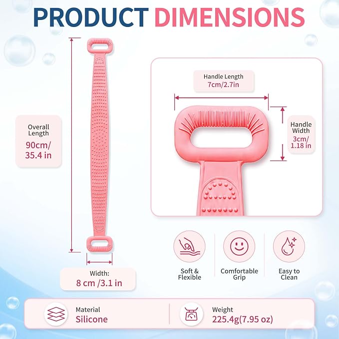 Manmihealth 36'' Extendable Silicone Back Scrubber for Shower Pink | Back Washer with Long Strap Handle, Dual-Sided Silicone Body Brush for Men and Women