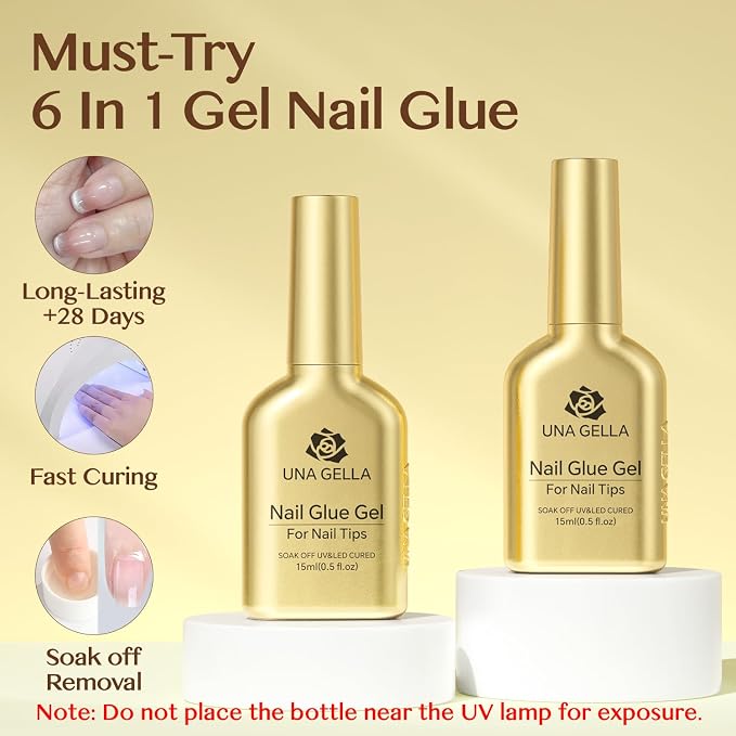 UNA GELLA 6 in 1 Gel Nail Glue for Clear Acrylic Nails Tips 2Pcs 15ml | Super Strong Brush U V Nail Glue Long Lasting Lamp Curing Required for Fake Nails Tips