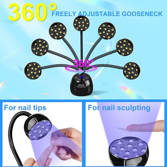 MEKK Gooseneck Flash Cure Nail Lamp, 36W Mini UV Light for Gel Nails | Cordless,Auto Sensor, 4 Timers (10/30/60/90s), Single Nail Detail Work, Portable, USB-C, flower Design, Salon & Home,Black