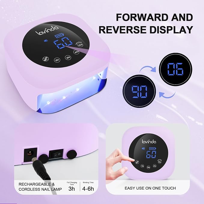 Lavinda LED Nail Lamp Rechargeable UV Light for Gel Nails Macaron Purple | Professional Gel Nail Lamp with 4 Timers LCD Display, Fast Drying UV Lamp for Gel Nails, Nail Dryer for Salon Home Gift